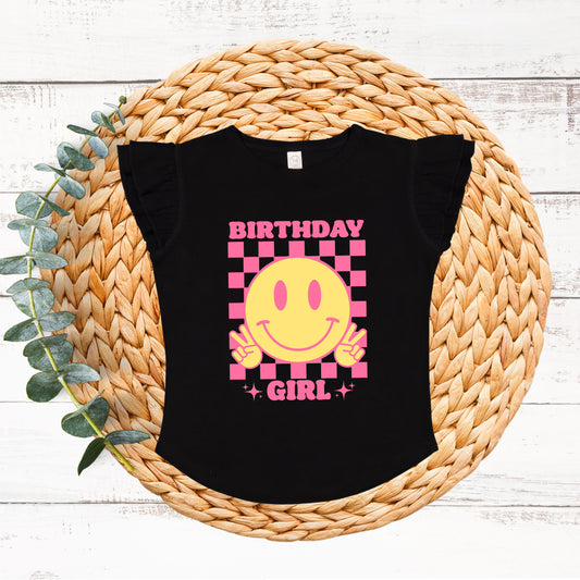 Birthday Girl Checkered | Toddler Graphic Flutter Sleeve Tee