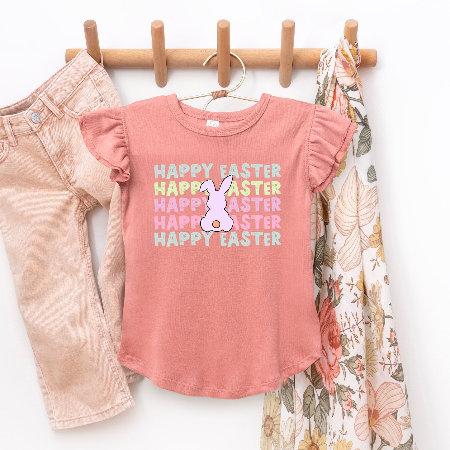 Pastel Happy Easter Stacked | Toddler Graphic Flutter Sleeve Tee