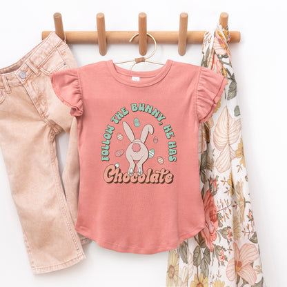 Follow The Bunny He Has Chocolate | Toddler Graphic Flutter Sleeve Tee