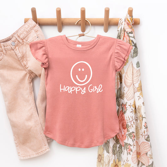 Happy Girl Smiley Face | Toddler Graphic Flutter Sleeve Tee