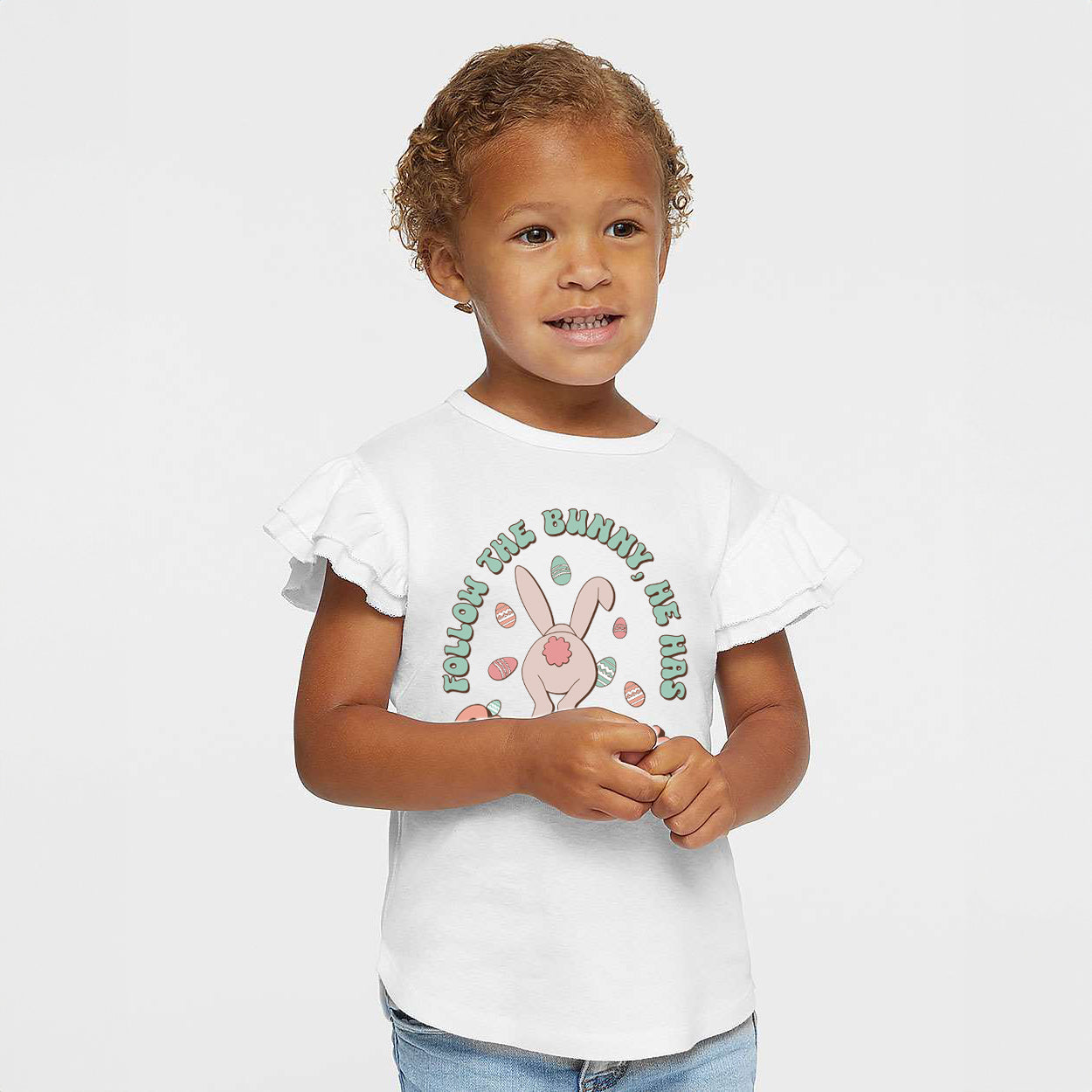 Follow The Bunny He Has Chocolate | Toddler Graphic Flutter Sleeve Tee