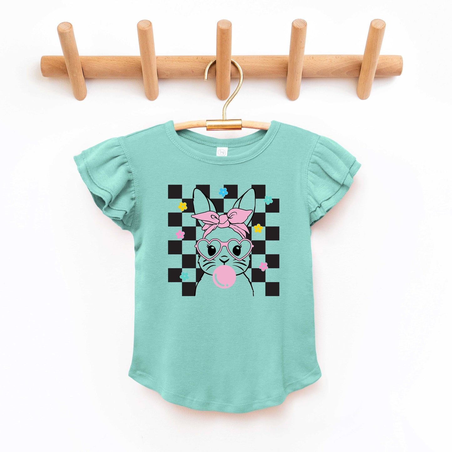 Checkered Groovy Bunny | Toddler Graphic Flutter Sleeve Tee