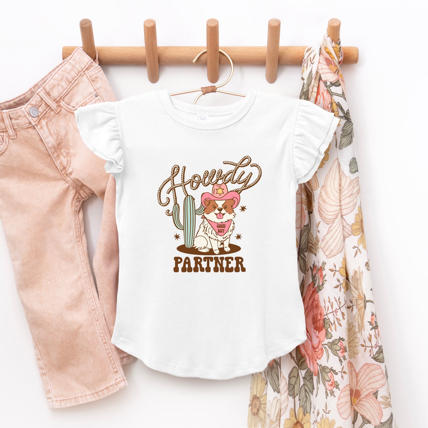 Howdy Partner Dog | Toddler Graphic Flutter Sleeve Tee