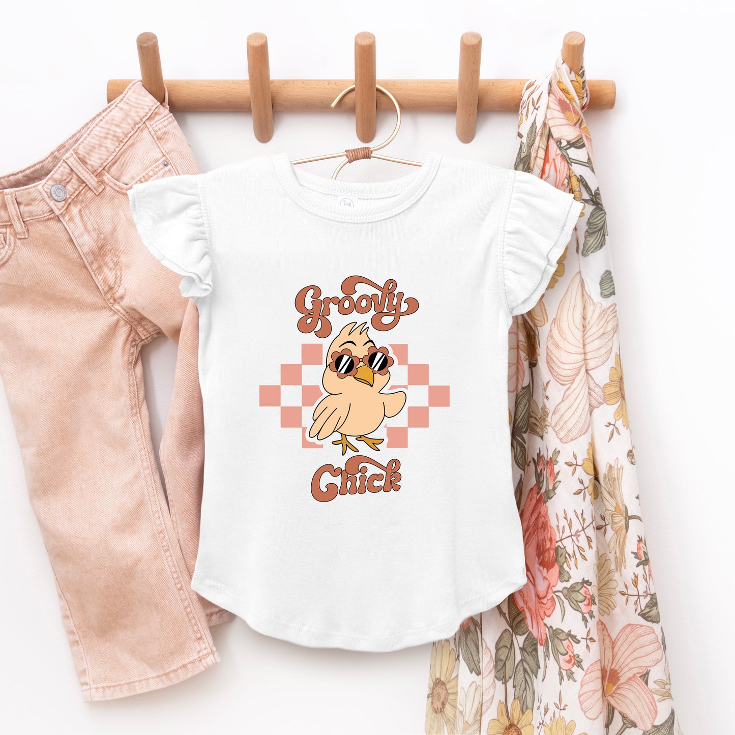 Groovy Chick Checkered | Toddler Graphic Flutter Sleeve Tee