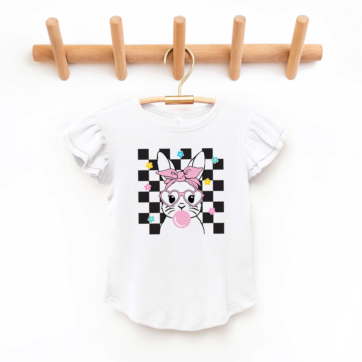 Checkered Groovy Bunny | Toddler Graphic Flutter Sleeve Tee