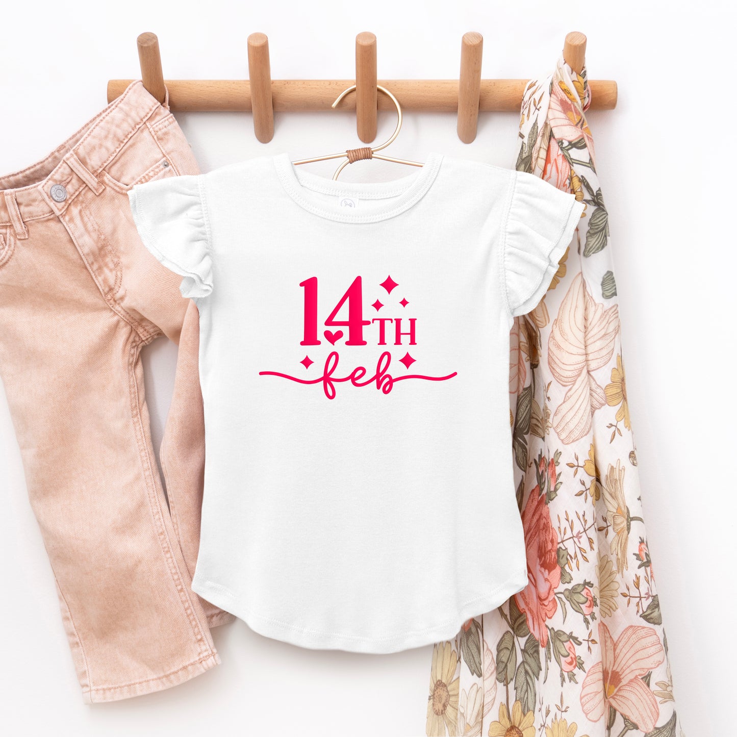 14th Feb Stars Puff Print | Toddler Graphic Flutter Sleeve Tee