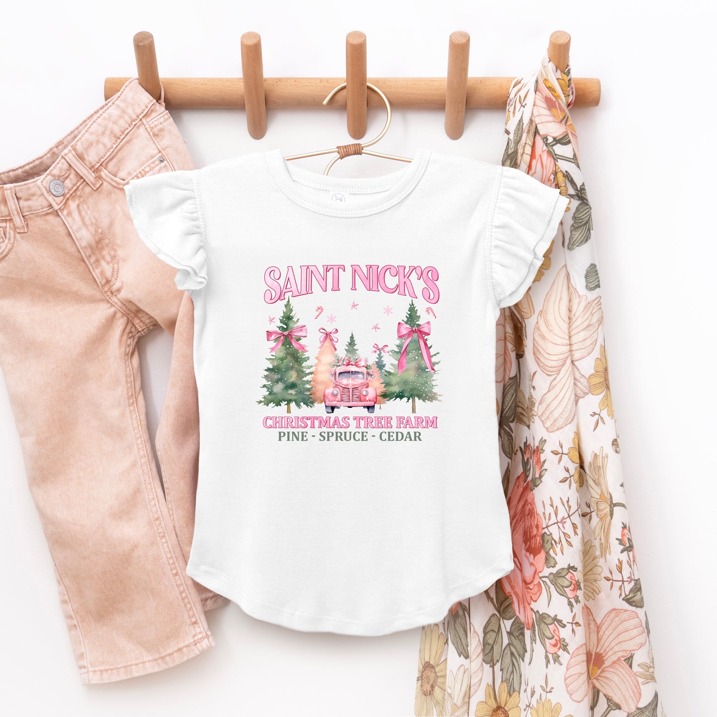 Coquette St. Nick's Tree Farm | Toddler Graphic Flutter Sleeve Tee