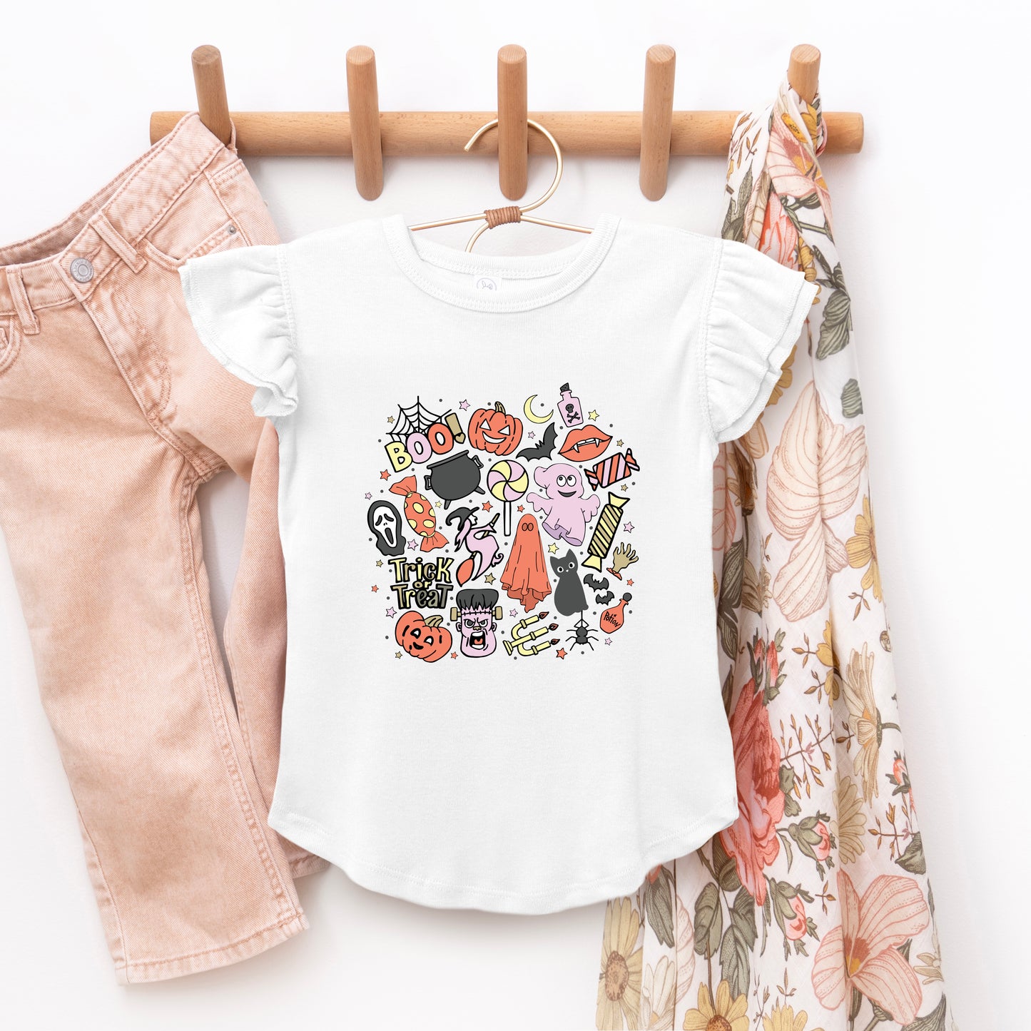 Halloween Doodle Collage | Toddler Graphic Flutter Sleeve Tee