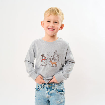 Deer Snowman Scene | Youth Graphic Long Sleeve Tee