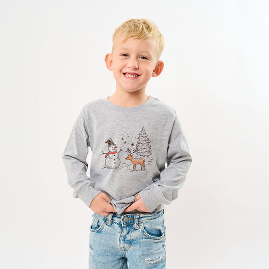 Deer Snowman Scene | Youth Graphic Long Sleeve Tee