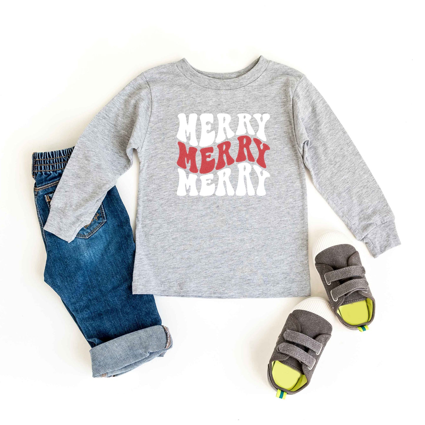 Merry Stacked Wavy Glitter | Toddler Graphic Long Sleeve Tee