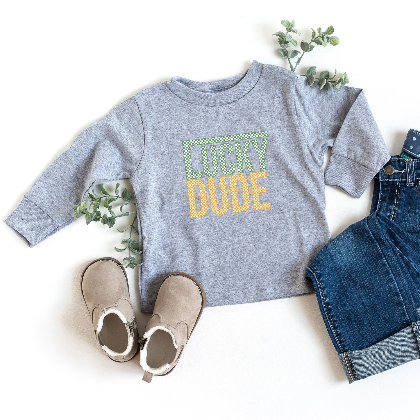 Block Checkered Lucky Dude | Toddler Graphic Long Sleeve Tee