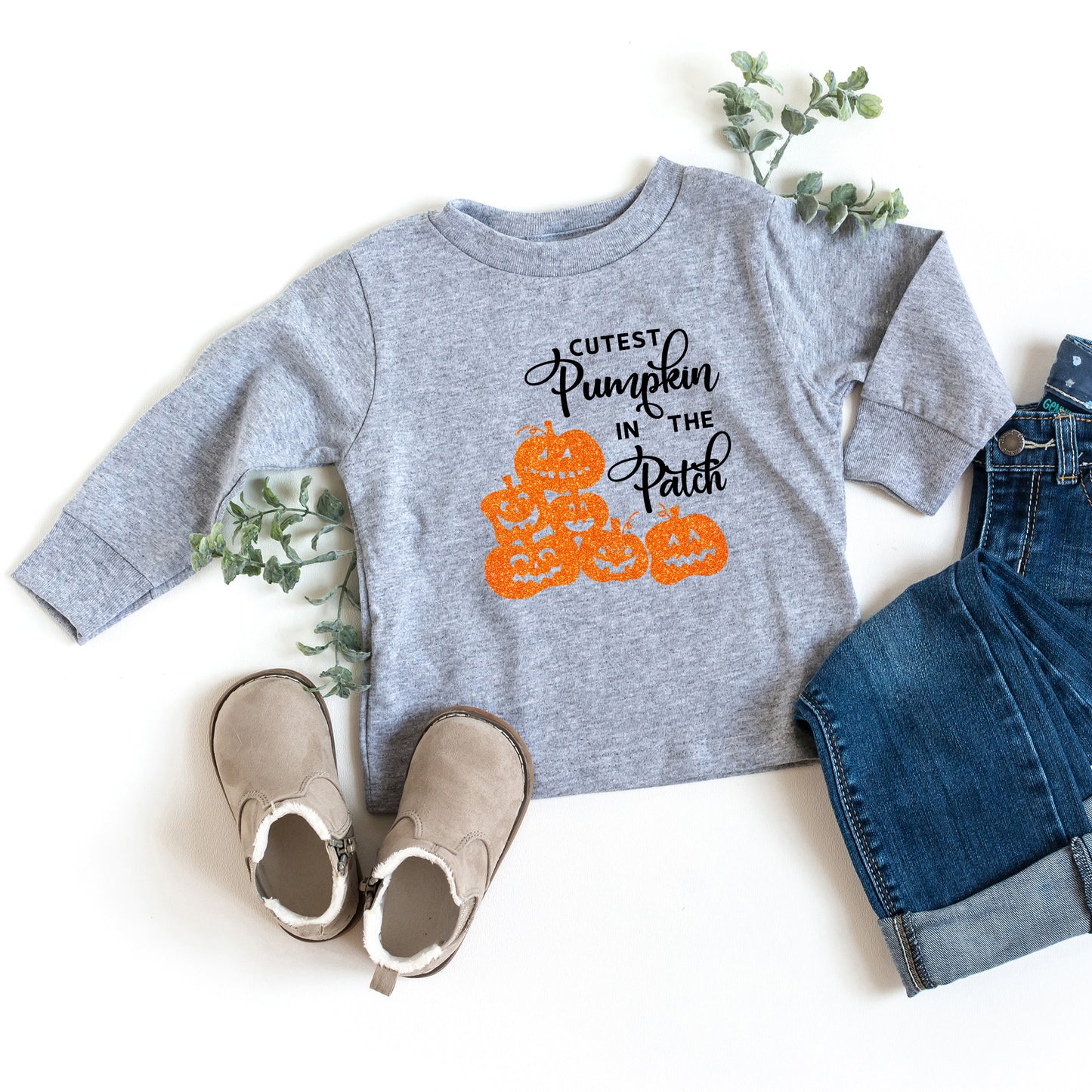 Cutest Pumpkin In The Patch Glitter | Toddler Graphic Long Sleeve Tee