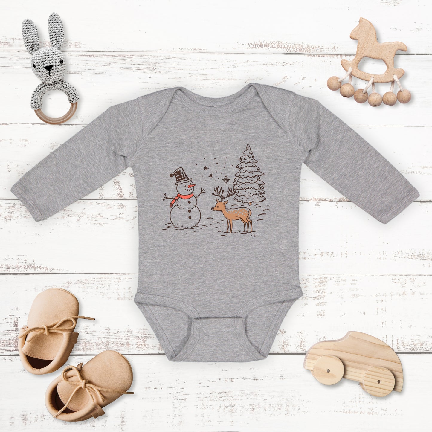 Deer Snowman Scene | Baby Graphic Long Sleeve Onesie