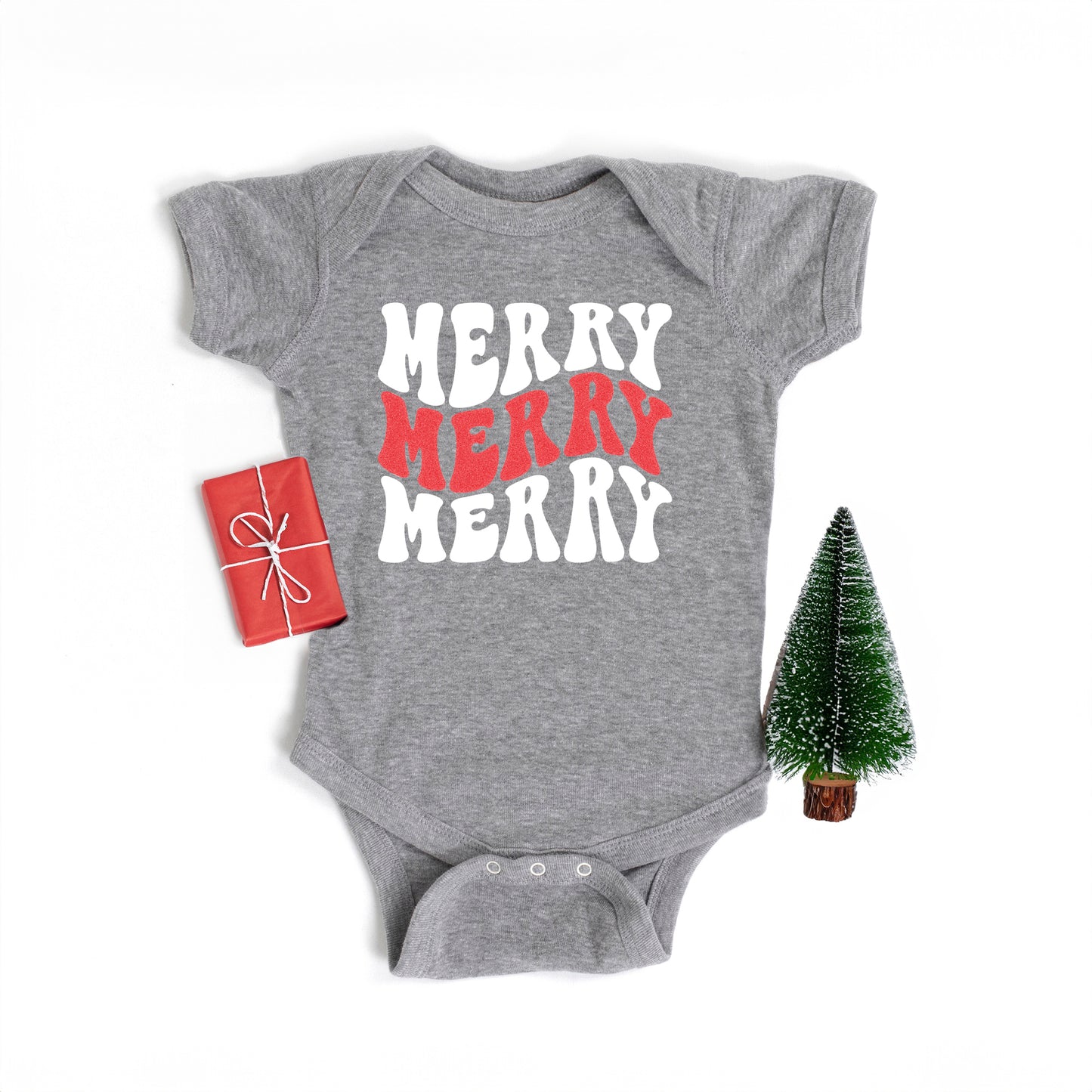 Merry Stacked Wavy Glitter | Baby Graphic Short Sleeve Onesie