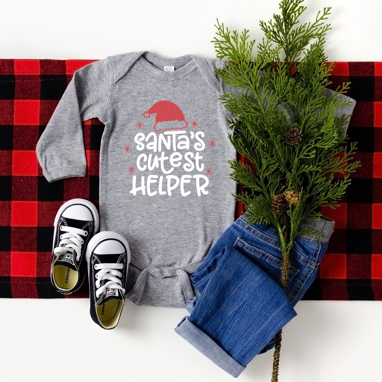 Santa's Cutest Helper Glitter | Baby Graphic Long Sleeve Onesie