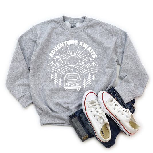 Adventure Awaits Landscape Circle With Van | Youth Graphic Sweatshirt