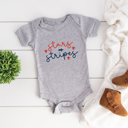 Patriotic Stars and Stripes Cursive | Baby Graphic Short Sleeve Onesie