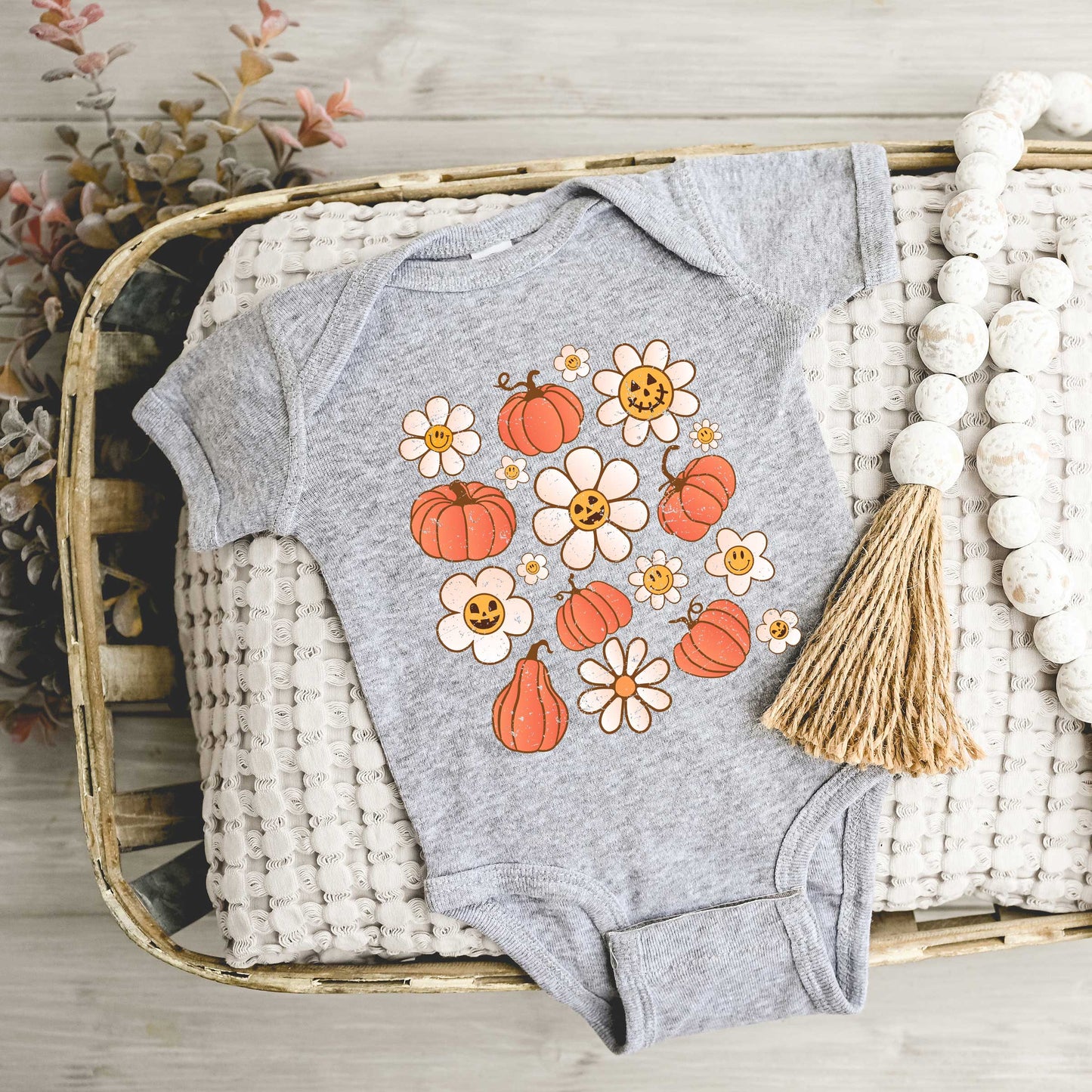 Distressed Flowers And Pumpkins | Baby Graphic Short Sleeve Onesie