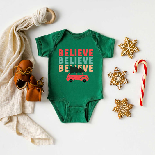 Believe Stacked Car | Baby Graphic Short Sleeve Onesie