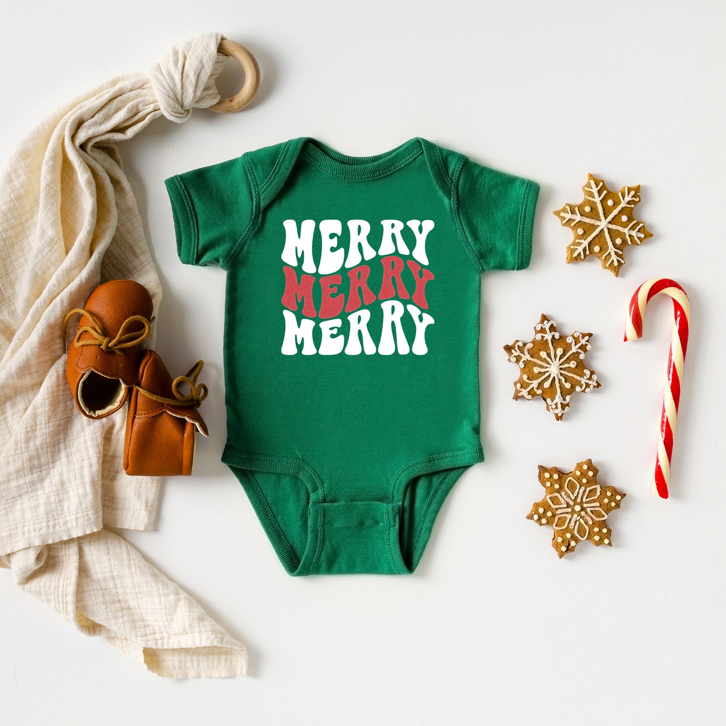 Merry Stacked Wavy Glitter | Baby Graphic Short Sleeve Onesie