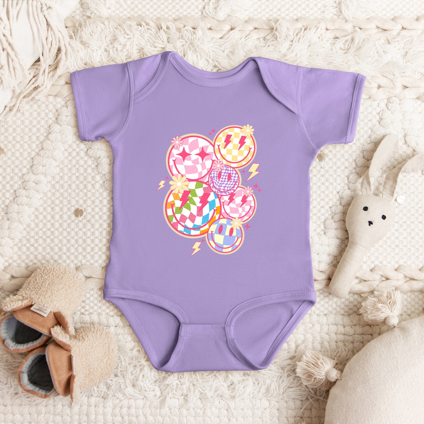 Colorful Checkered Smiley Face | Baby Graphic Short Sleeve Onesie