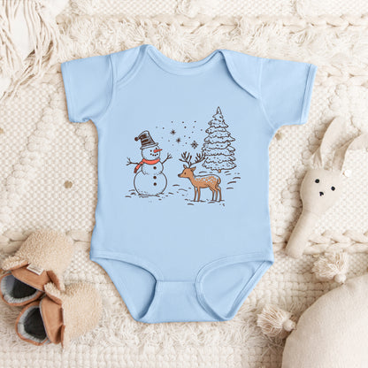 Deer Snowman Scene | Baby Graphic Short Sleeve Onesie