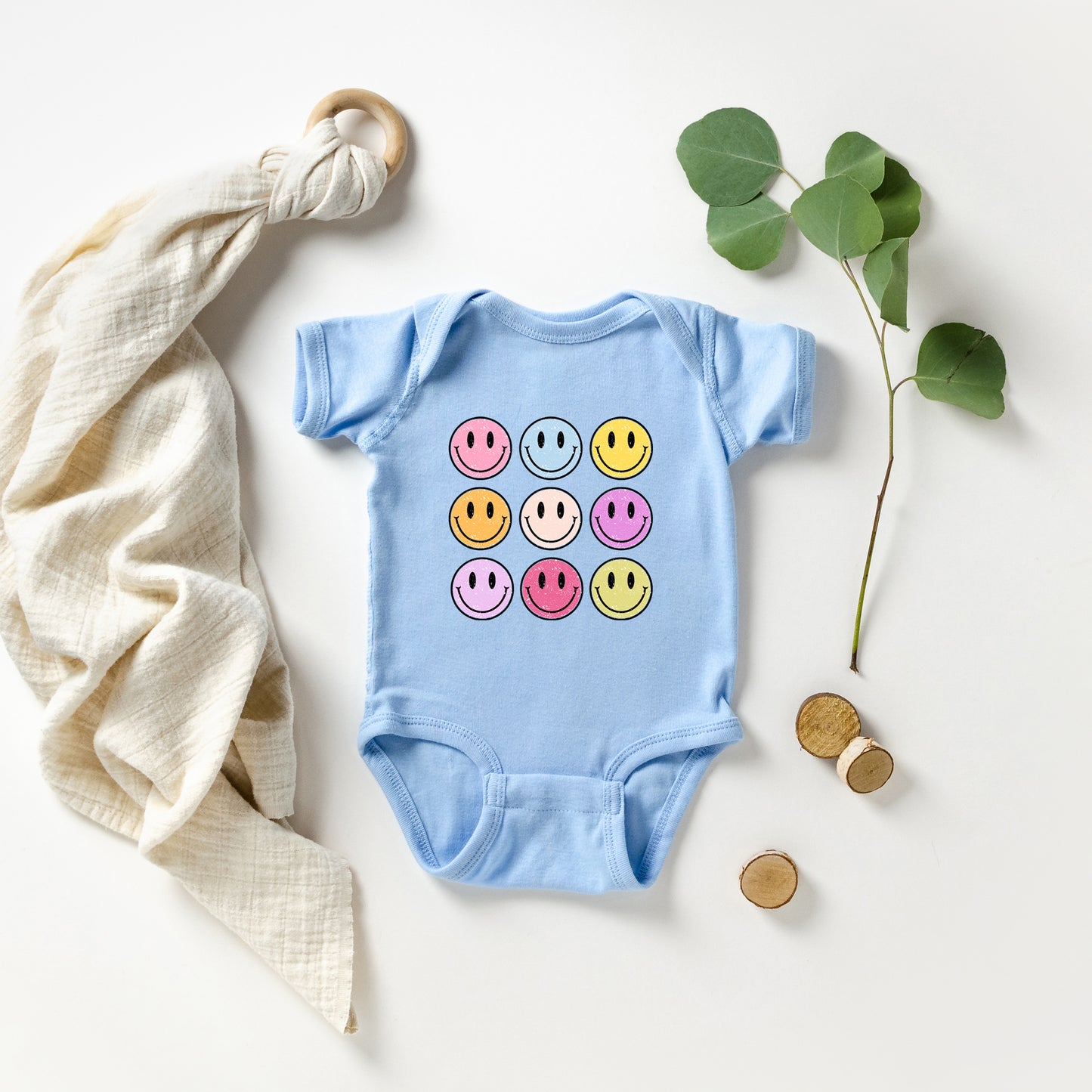 Colorful Smiley Face Distressed | Baby Graphic Short Sleeve Onesie