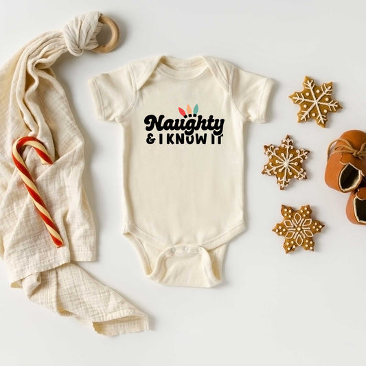 Naughty And I Know It Lights | Baby Graphic Short Sleeve Onesie