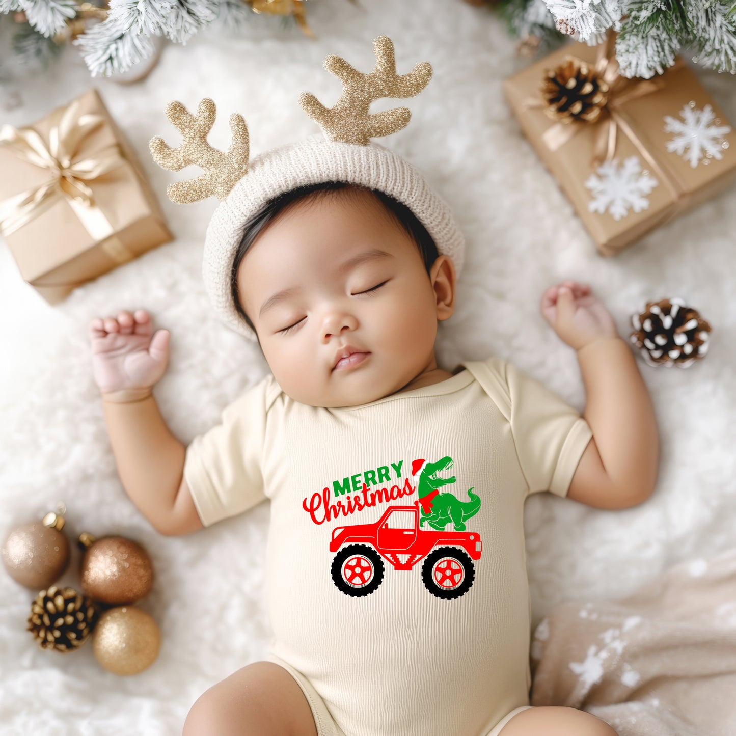 Christmas Dino Truck | Baby Graphic Short Sleeve Onesie