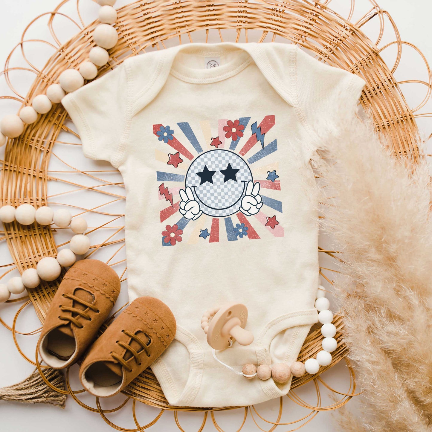 Smiley Peace Sign Flowers | Baby Graphic Short Sleeve Onesie