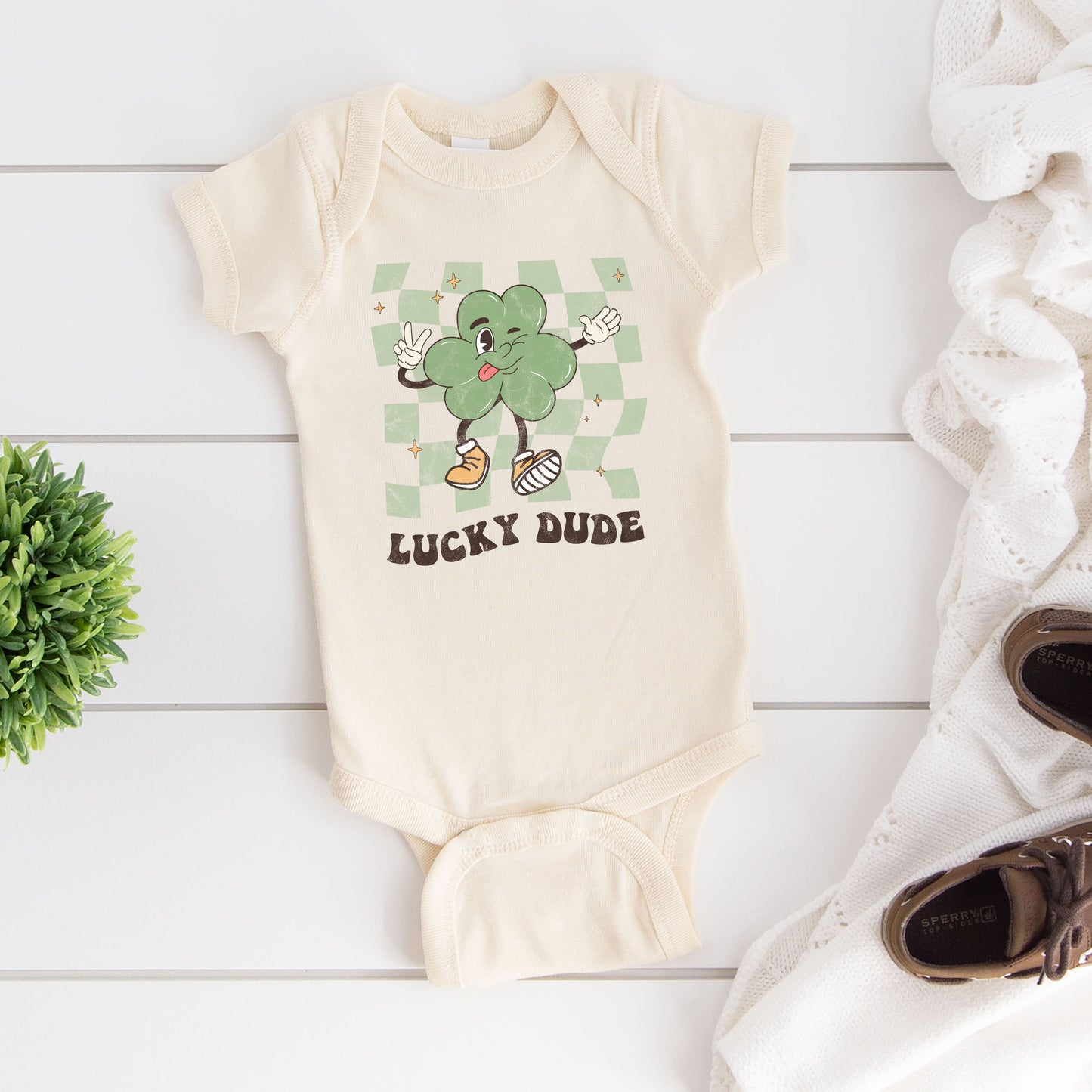 Lucky Dude Checkered | Baby Graphic Short Sleeve Onesie
