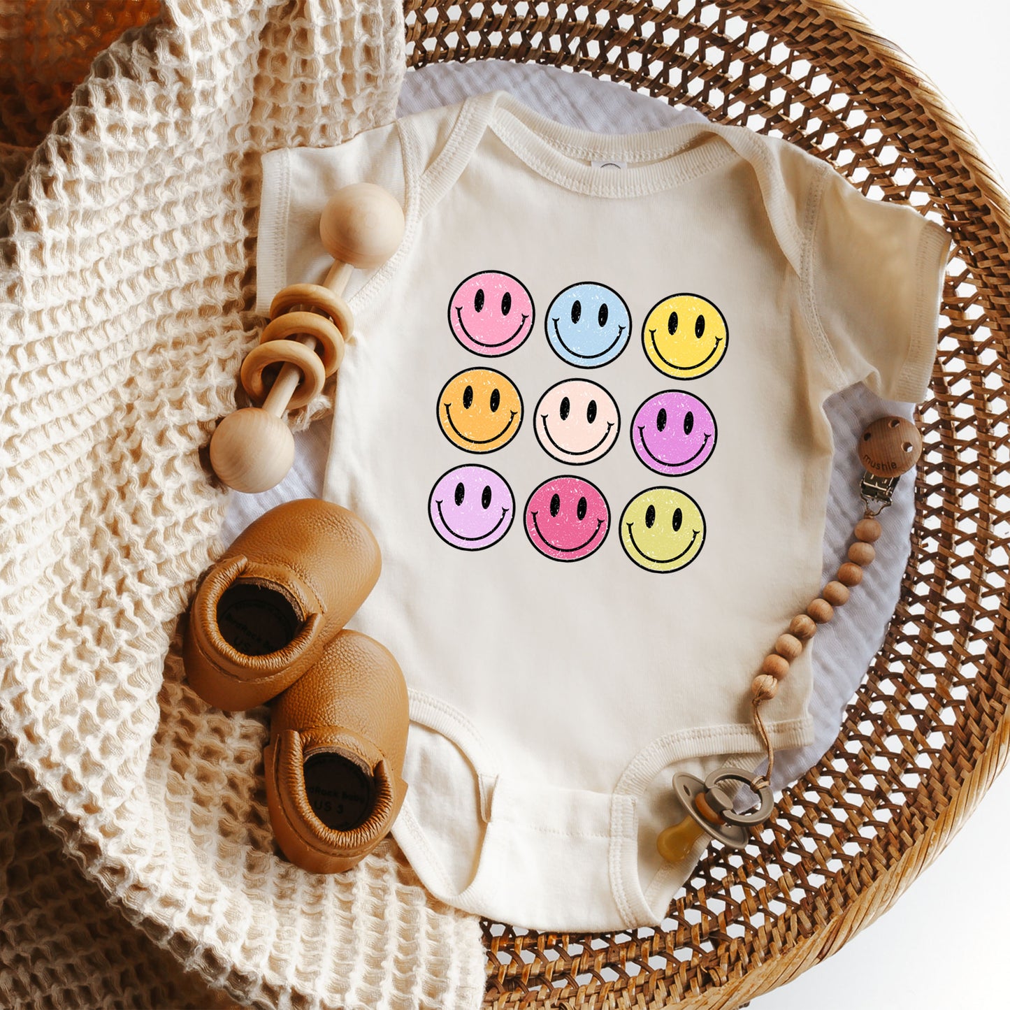 Colorful Smiley Face Distressed | Baby Graphic Short Sleeve Onesie