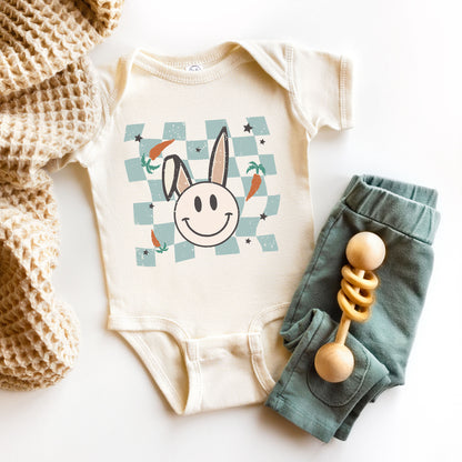 Checkered Smiley Easter Bunny | Baby Graphic Short Sleeve Onesie