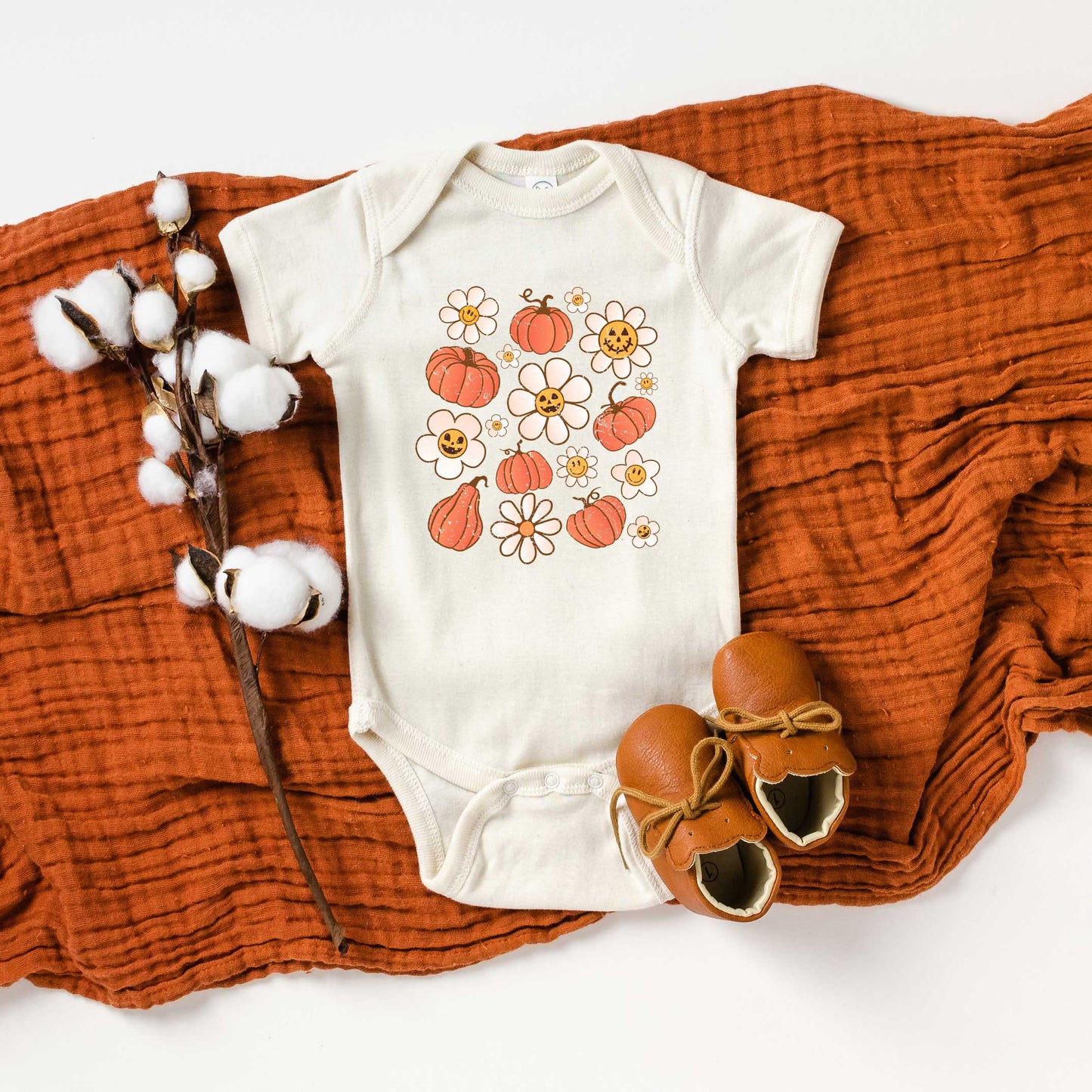 Distressed Flowers And Pumpkins | Baby Graphic Short Sleeve Onesie