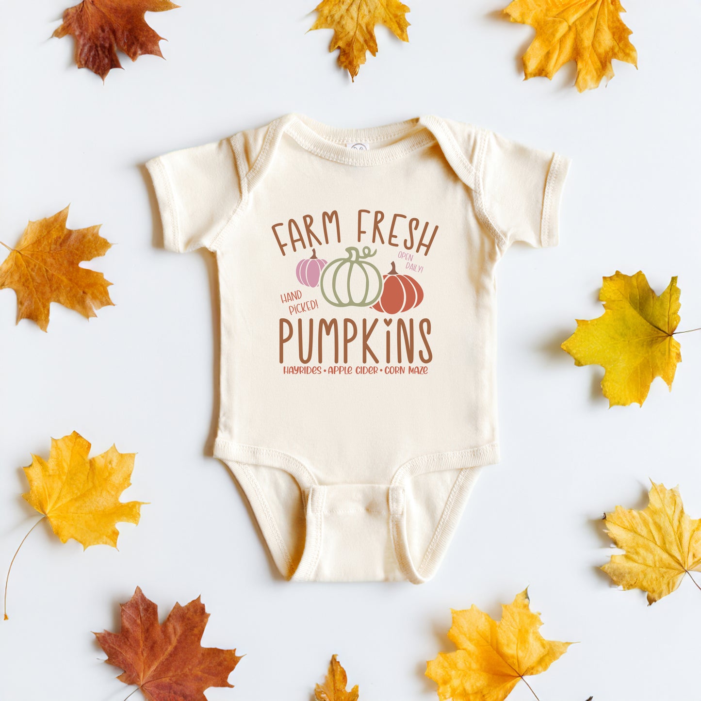 Colorful Farm Fresh Pumpkins | Baby Graphic Short Sleeve Onesie