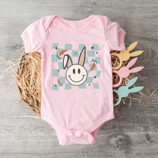 Checkered Smiley Easter Bunny | Baby Graphic Short Sleeve Onesie