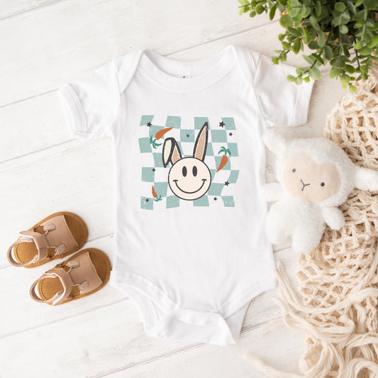 Checkered Smiley Easter Bunny | Baby Graphic Short Sleeve Onesie