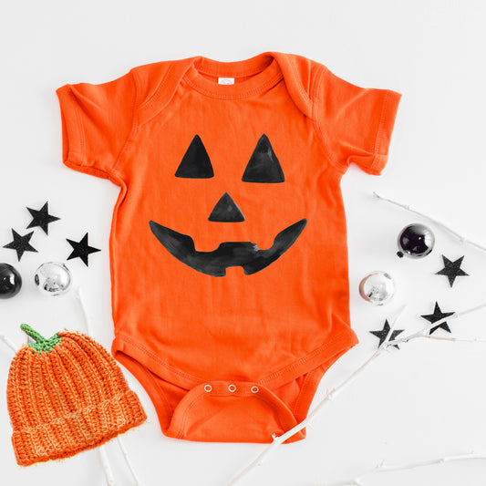 Watercolor Jack-O-Lantern Face | Baby Graphic Short Sleeve Onesie