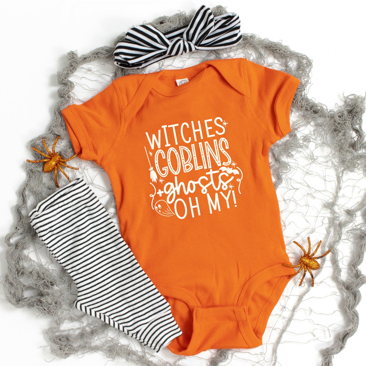 Witches Goblins Ghosts Puff Print | Baby Graphic Short Sleeve Onesie