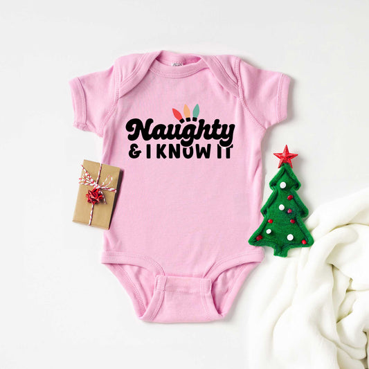 Naughty And I Know It Lights | Baby Graphic Short Sleeve Onesie