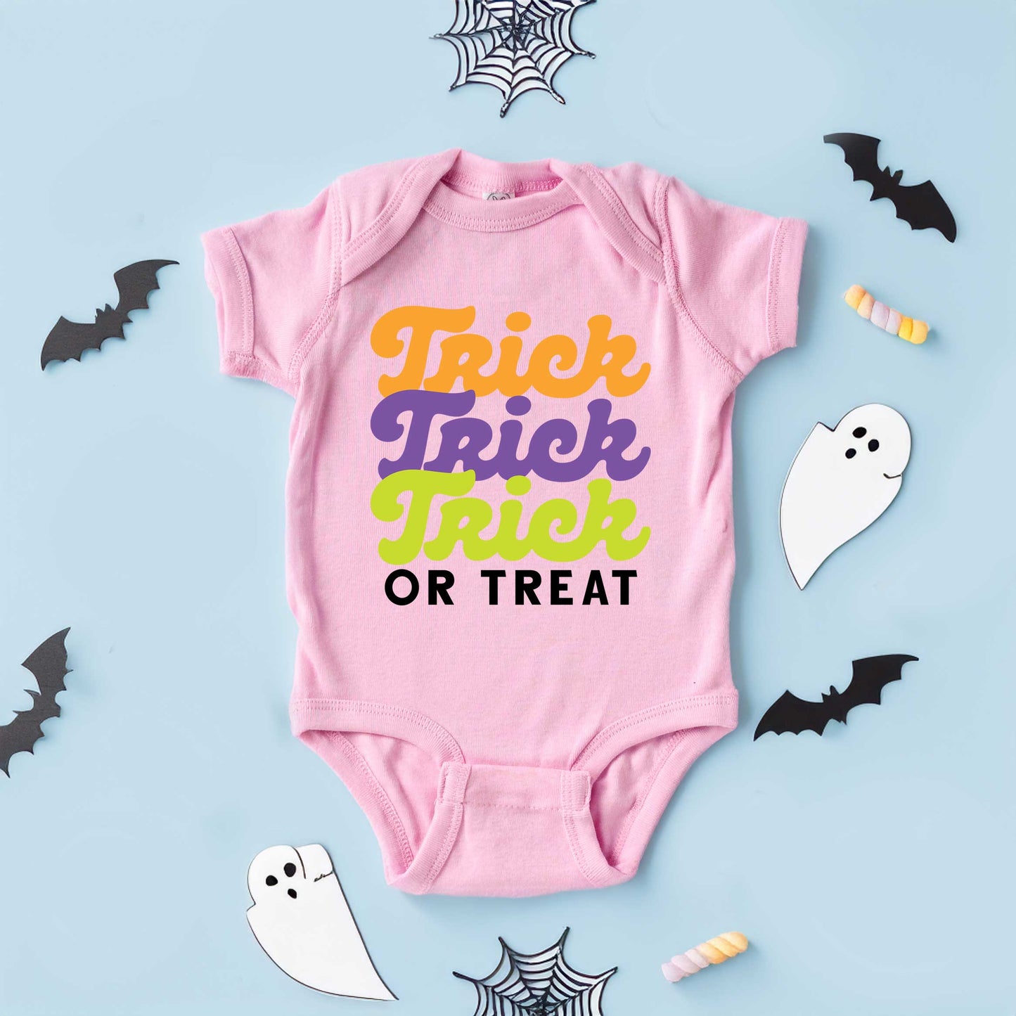 Trick Or Treat Colorful Stacked | Baby Graphic Short Sleeve Onesie