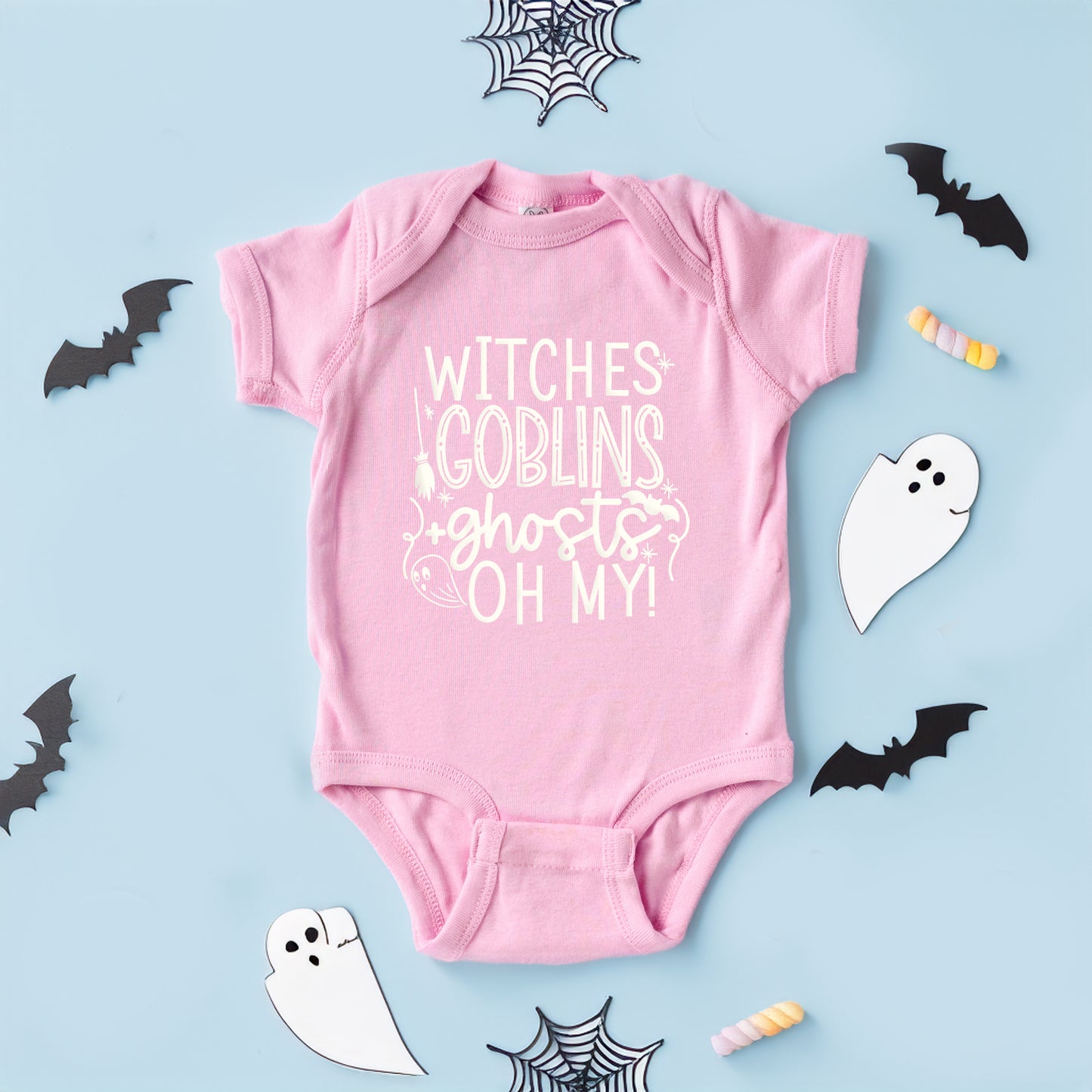 Witches Goblins Ghosts Puff Print | Baby Graphic Short Sleeve Onesie