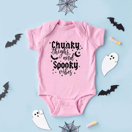 Chunky Thighs And Spooky Vibes Puff Print | Baby Graphic Short Sleeve Onesie