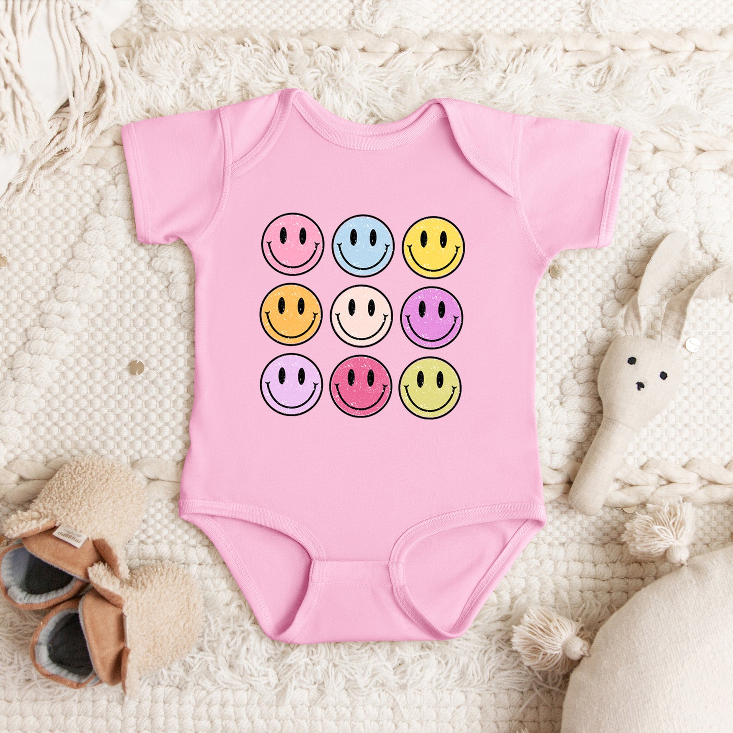 Colorful Smiley Face Distressed | Baby Graphic Short Sleeve Onesie