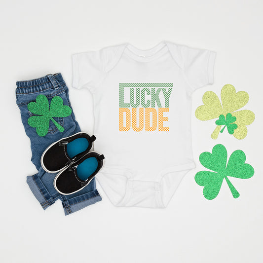 Block Checkered Lucky Dude | Baby Graphic Short Sleeve Onesie