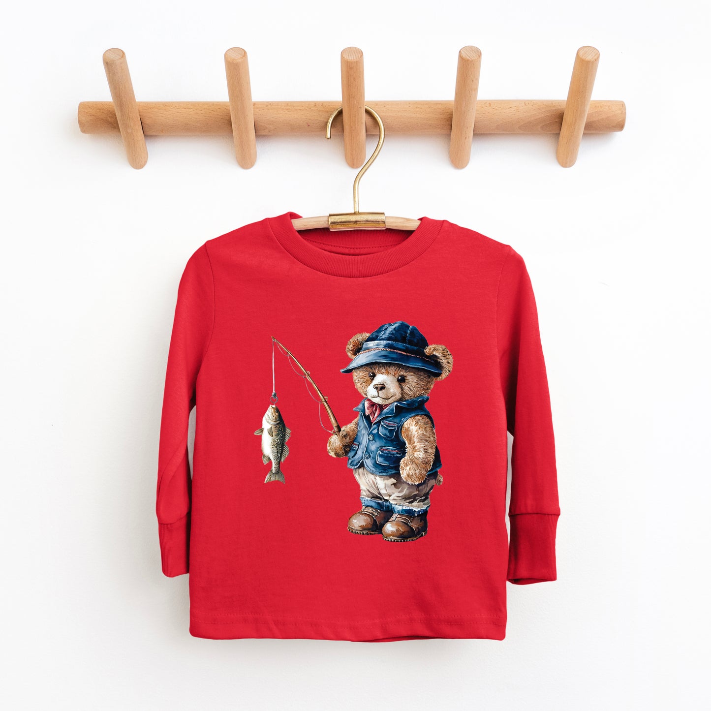 Teddy Bear Fisherman | Toddler Graphic Long Sleeve Tee