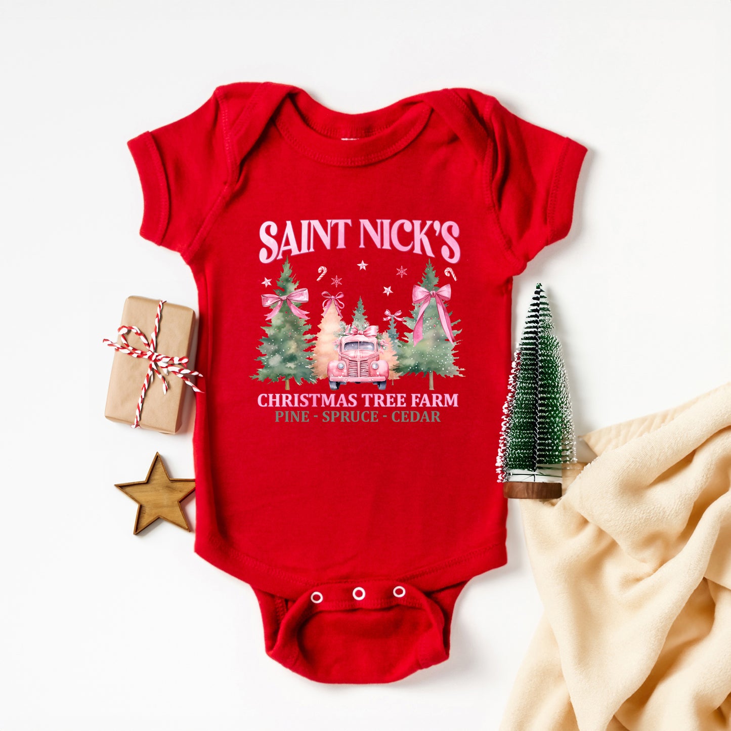 Coquette St. Nick's Tree Farm | Baby Graphic Short Sleeve Onesie