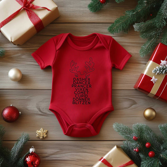 Reindeer Names Antlers | Baby Graphic Short Sleeve Onesie