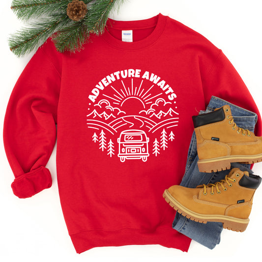 Adventure Awaits Landscape Circle With Van | Youth Graphic Sweatshirt